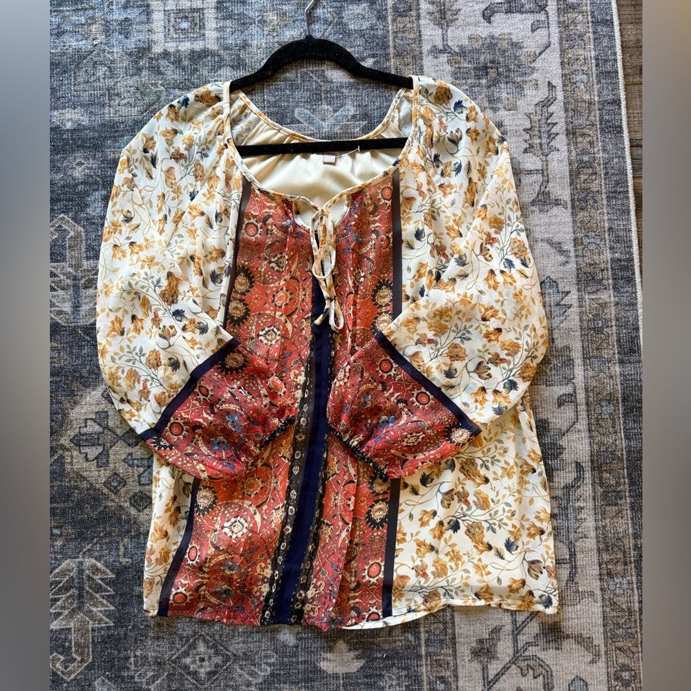 2/$10 Roz and Ali Floral and Paisley Blouse with Tie Front